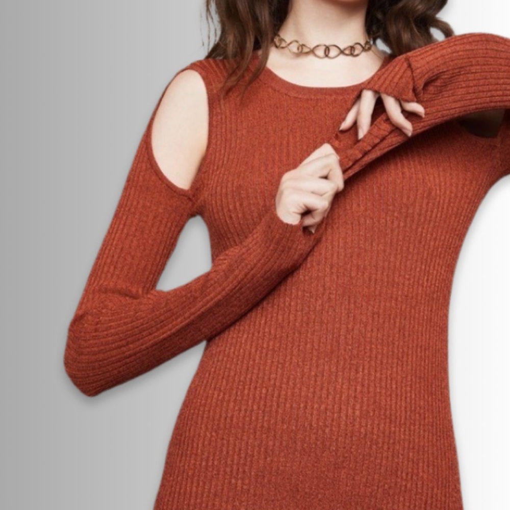 BCBGMaxazria Braden Marled Rib Knit Cold Shoulder Dress, Side Slit, Size XS